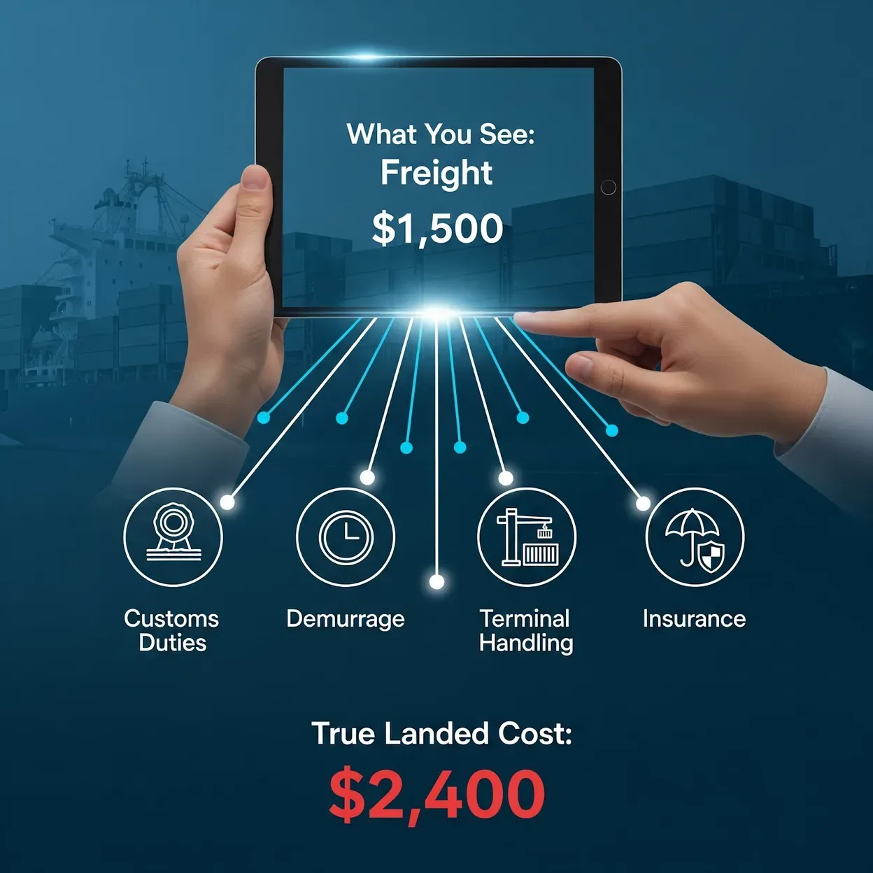 Tablet showing a $1,500 freight quote branching into customs duties, demurrage, terminal handling and insurance for a $2,400 true landed cost