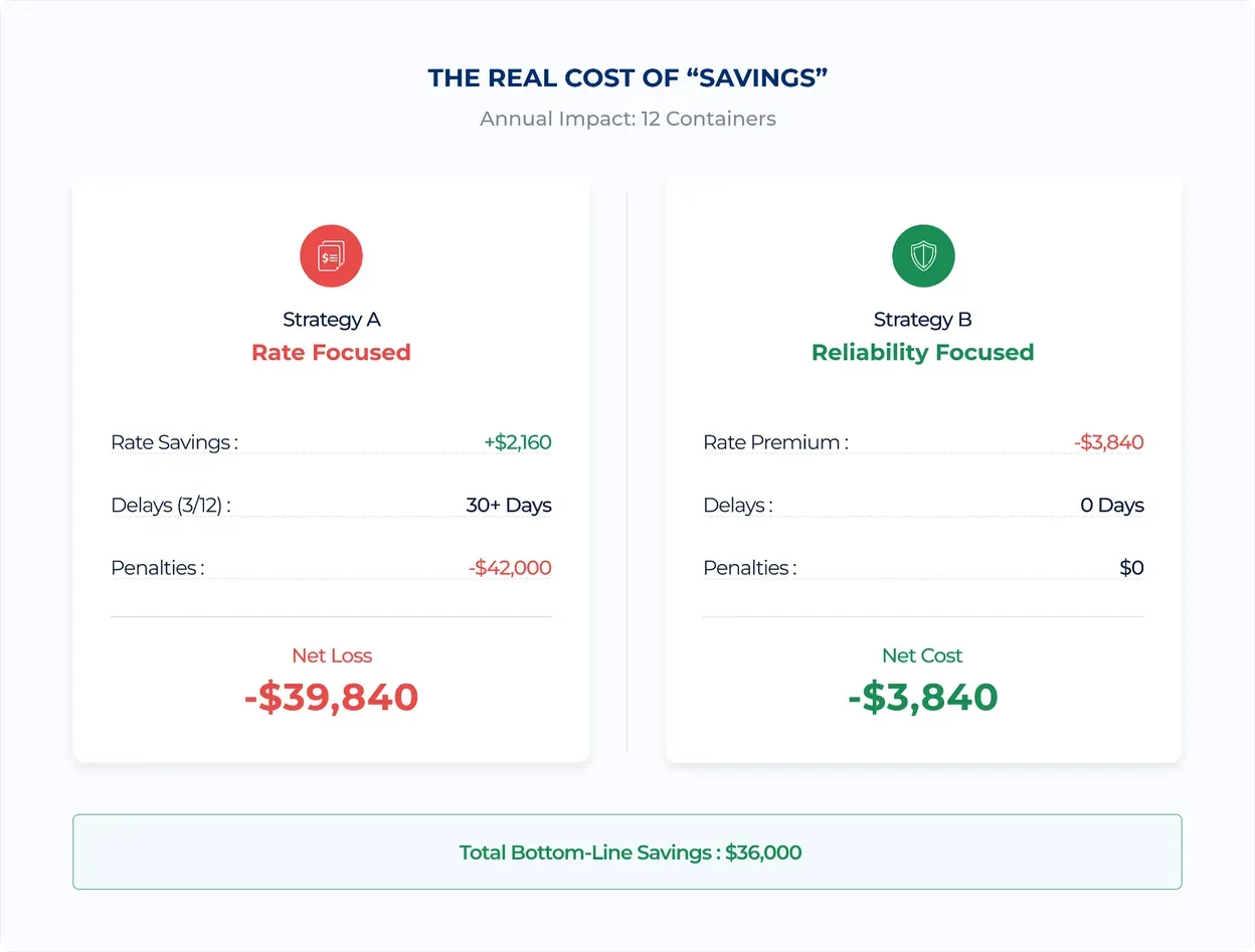 Annual comparison over 12 containers: the rate-focused strategy saves $2,160 in freight but pays $42,000 in penalties for a net loss of $39,840; the reliability-focused strategy pays a $3,840 premium with no delays, a $36,000 difference