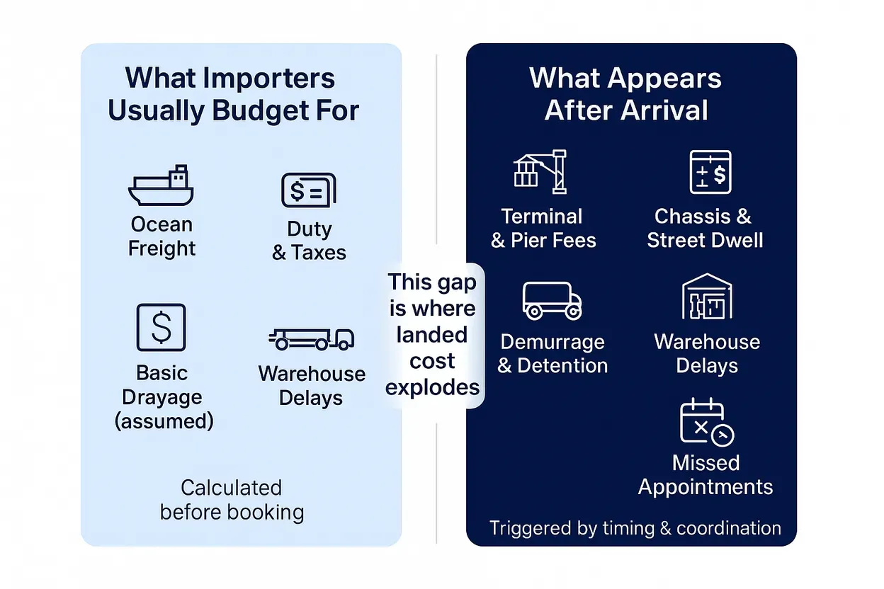 Comparison of what importers usually budget for before booking (ocean freight, duty and taxes, basic drayage, warehouse delays) against what appears after arrival (terminal and pier fees, chassis and street dwell, demurrage and detention, warehouse delays, missed appointments)