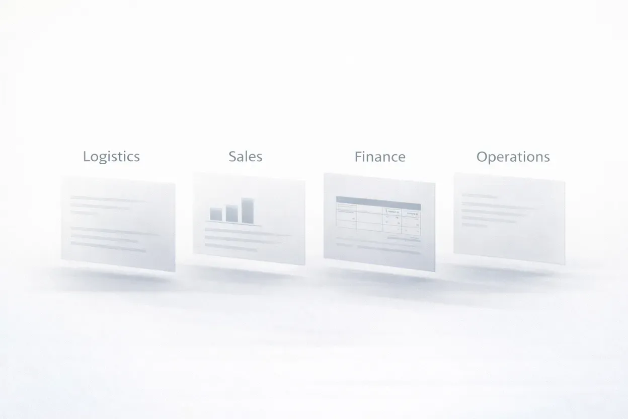 Four disconnected panels labeled Logistics, Sales, Finance and Operations, showing that exception costs are split across teams