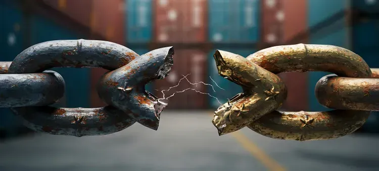 Two rusted chain links breaking apart, representing a broken supply chain handoff