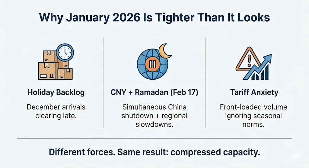 Graphic 'Why January 2026 Is Tighter Than It Looks': holiday backlog of December arrivals clearing late, CNY plus Ramadan from February 17, and tariff-driven front-loading all compress January capacity