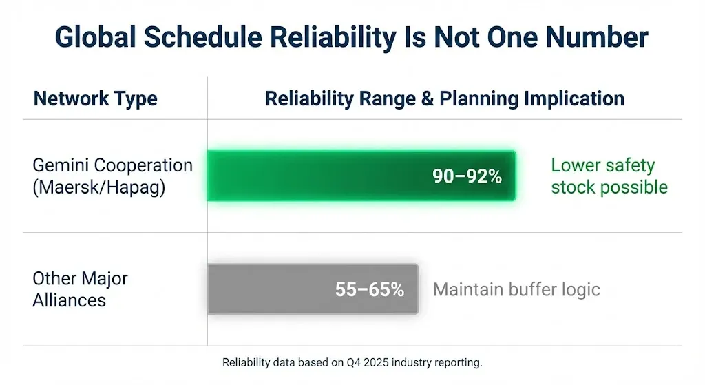 Chart: schedule reliability by network type, Gemini Cooperation (Maersk and Hapag-Lloyd) at 90–92% where lower safety stock is possible, other major alliances at 55–65% where buffer logic should stay, based on Q4 2025 industry reporting