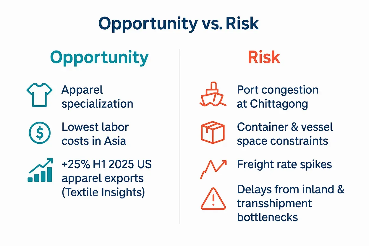 Opportunity vs. risk for Bangladesh: apparel specialization, low labor costs and export growth against Chittagong port congestion, space constraints, rate spikes and inland delays