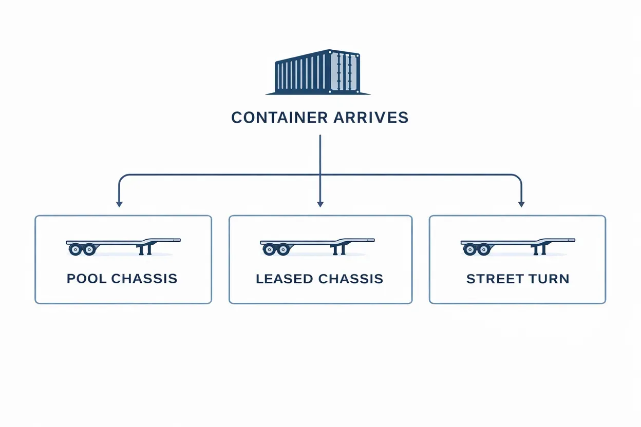 Decision tree: after the container arrives, the importer moves it on a pool chassis, a leased chassis or a street turn