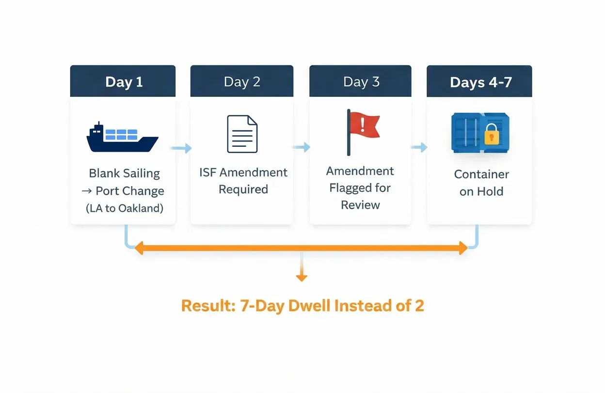 Timeline: on day 1 a blank sailing forces a port change from Los Angeles to Oakland, on day 2 an ISF amendment is required, on day 3 the amendment is flagged for review, and on days 4 to 7 the container is on hold, a 7-day dwell instead of 2