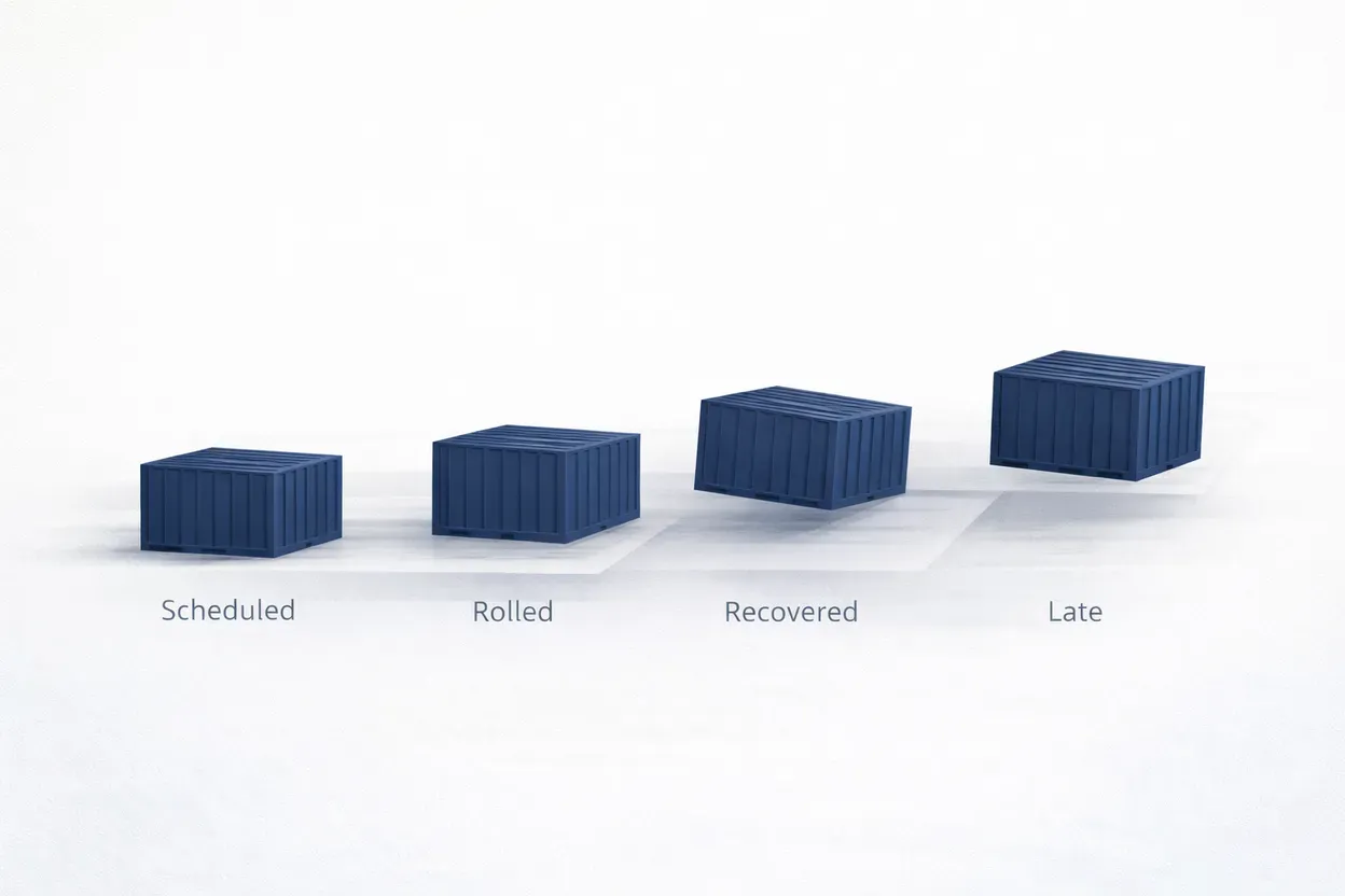 Four containers labeled Scheduled, Rolled, Recovered and Late, each step higher than the last, showing how one rolled container compounds delay and cost