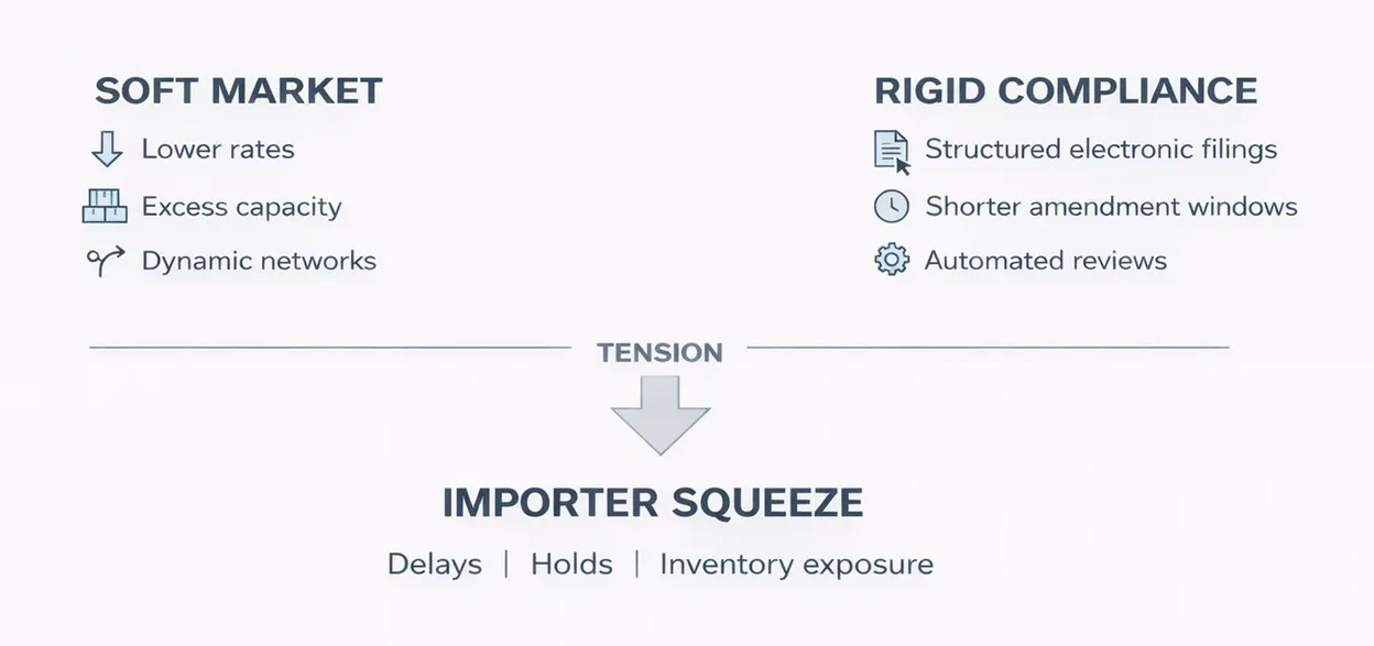 Diagram: a soft market (lower rates, excess capacity, dynamic networks) meets rigid compliance (structured electronic filings, shorter amendment windows, automated reviews), and the tension produces an importer squeeze of delays, holds and inventory exposure
