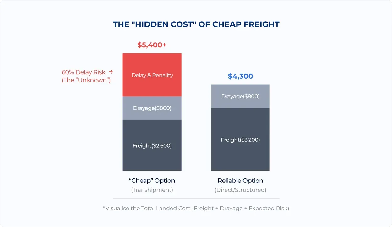 Stacked bar chart of expected cost per container: the cheap transshipment option adds freight, drayage and a delay-and-penalty block for more than $5,400, against $4,300 for the reliable direct option