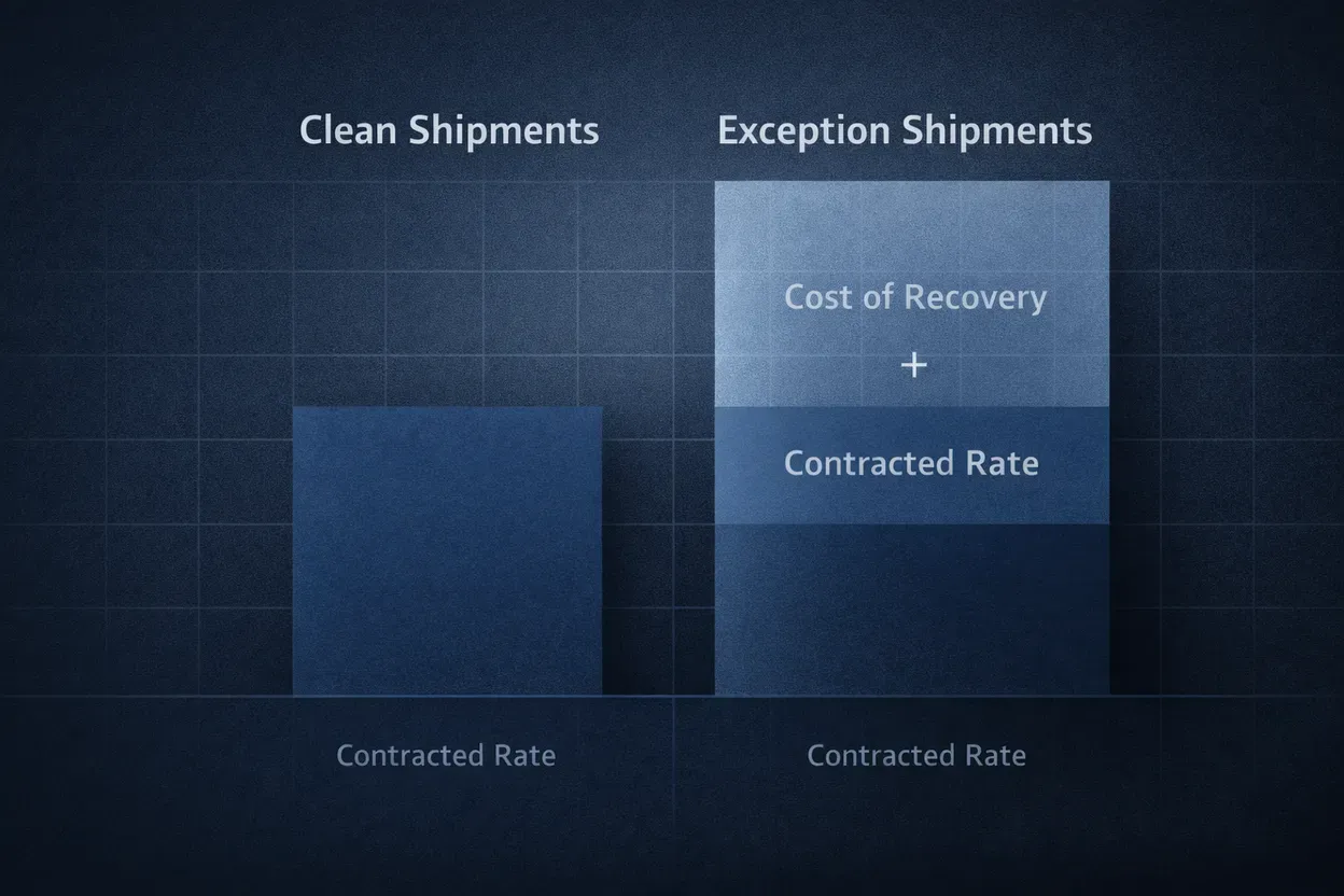 Bar comparison: a clean shipment costs only the contracted rate, while an exception shipment costs the contracted rate plus the cost of recovery