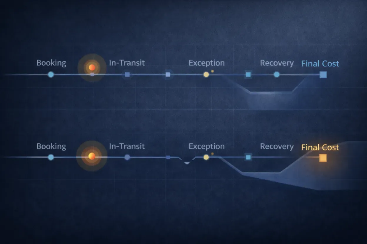 Two shipment timelines from booking through in-transit, exception and recovery to final cost; the timeline with a late-caught exception ends in a much higher final cost