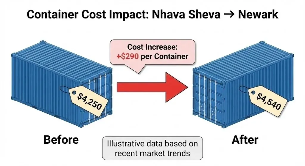 Illustration of the per-container cost change on the Nhava Sheva to Newark lane: a container tagged $4,250 before and $4,540 after, an increase of $290, labeled as illustrative data