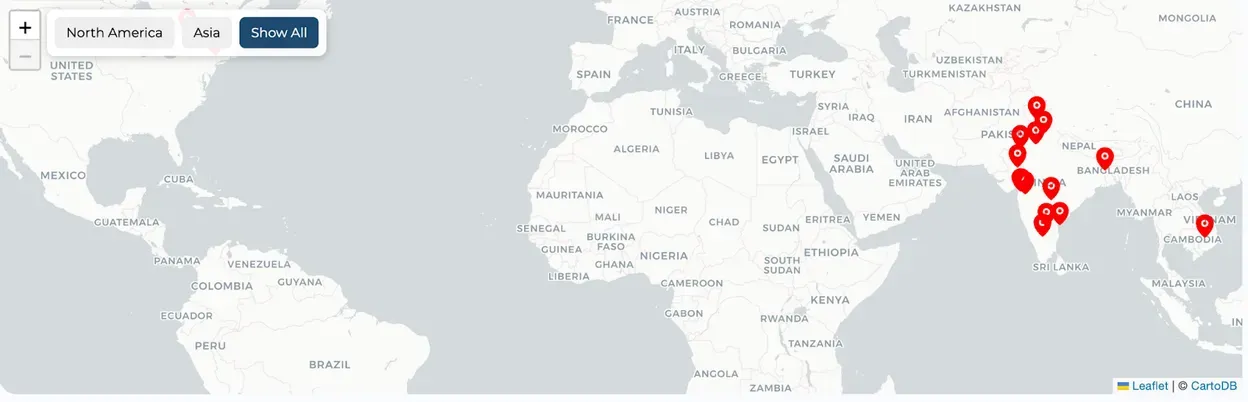 Map with red pins marking Airlift USA office locations across India, plus offices in Bangladesh and Vietnam