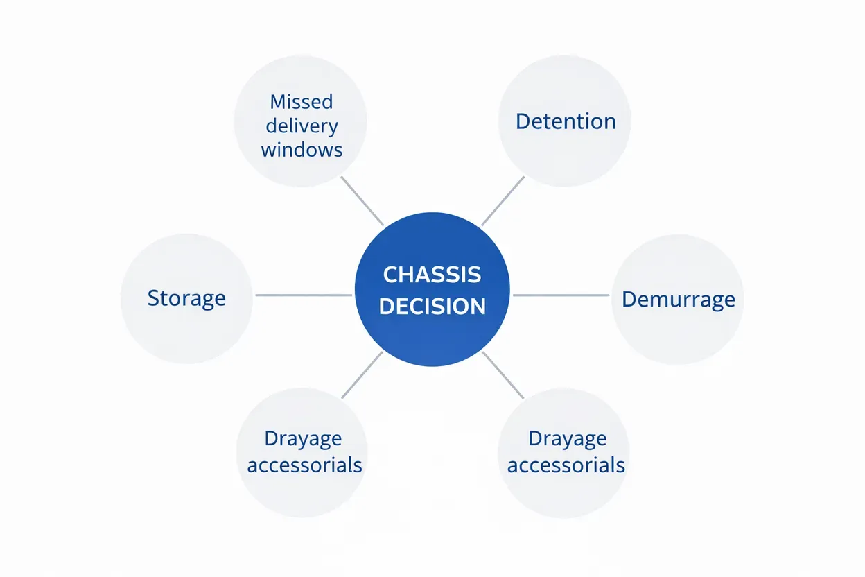 Diagram: a chassis decision at the center, linked to the charges it surfaces as: detention, demurrage, storage, drayage accessorials and missed delivery windows