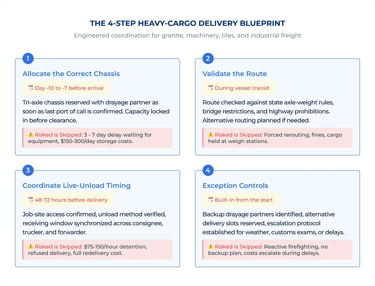 Four-step heavy-cargo delivery blueprint: allocate the correct chassis, validate the route, coordinate live-unload timing and set exception controls, each with its timing and the risk if the step is skipped